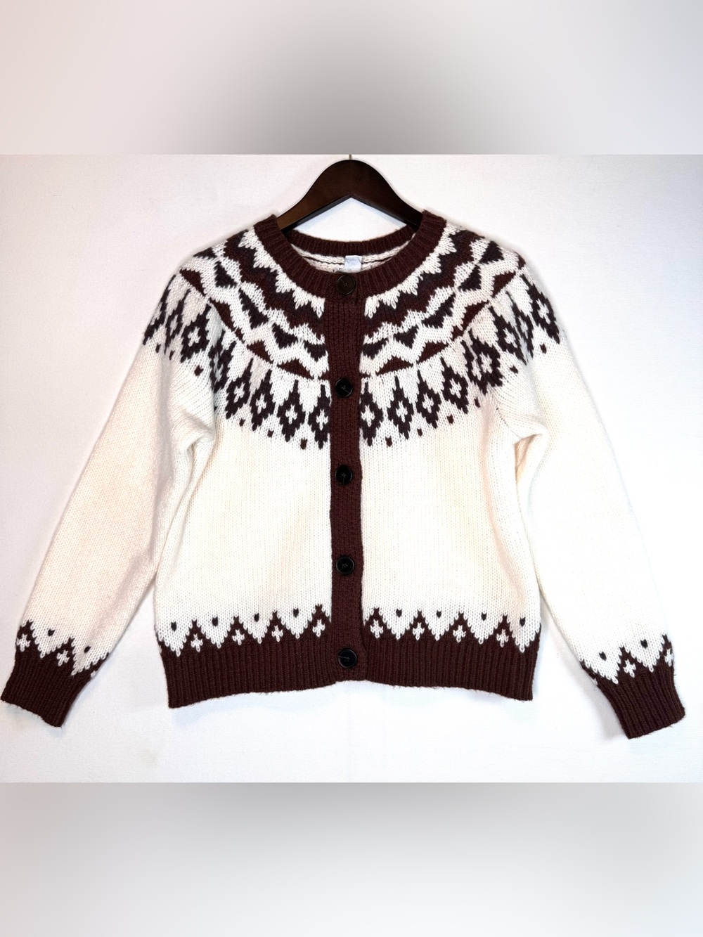 Faith & Zoe Women's Ivory Brown Fair Isle Long Sleeve Cardigan Sweater Sz S/P